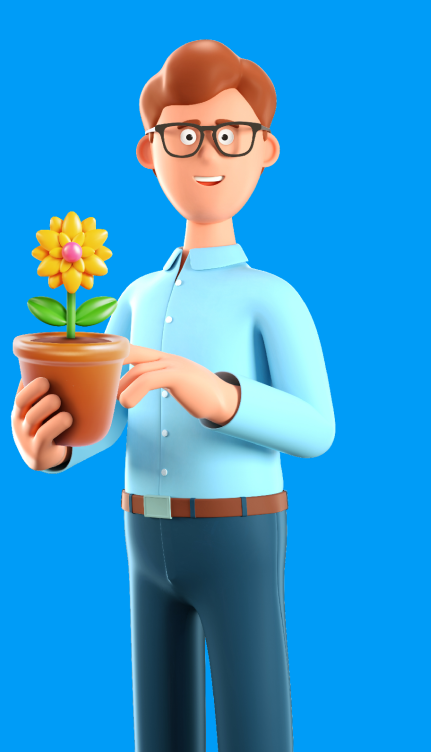 Cartoon image of man with brown hair and glasses, wearing light blue shirt and dark blue trousers and holding a brown pot with a yellow plant in it