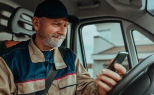 delivery man holding cellphone in delivery vehicle
