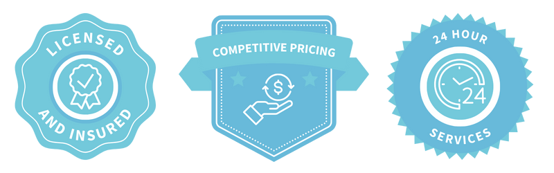 Licensed and Insured, Competitive Pricing, 24 Hour Services badges