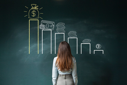 photo of a woman standing in front of a chalk board with income growth represented on it