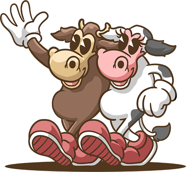 Two illustrated cows with shoes walking