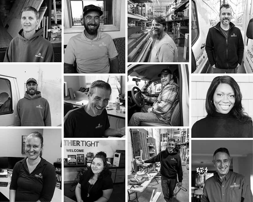 Collage of black and white pictures of the Weather Tight employees