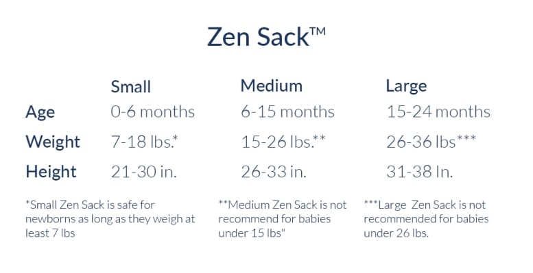 Zen Sack Size Chart