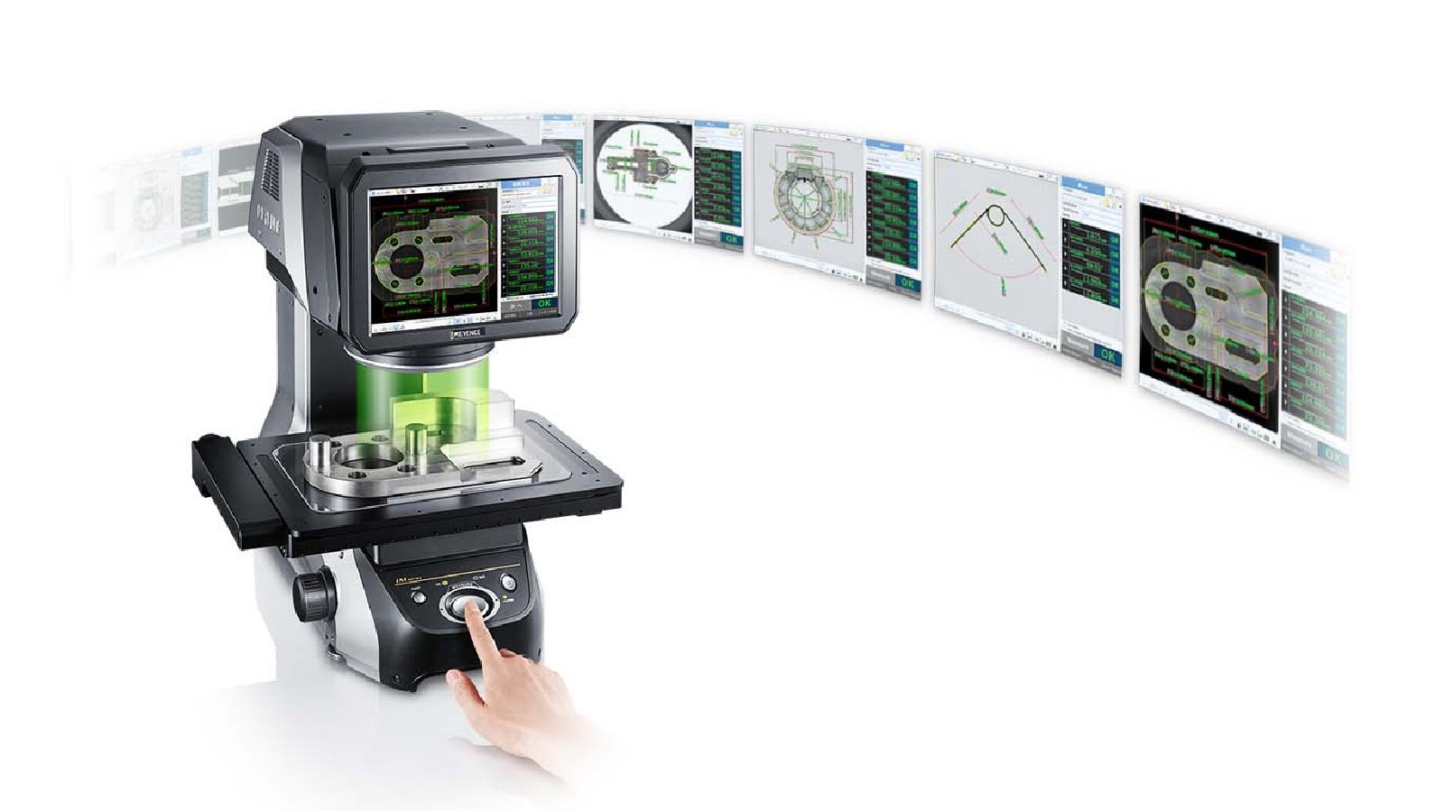 keyence digital profile projector with multi measurement screen in background