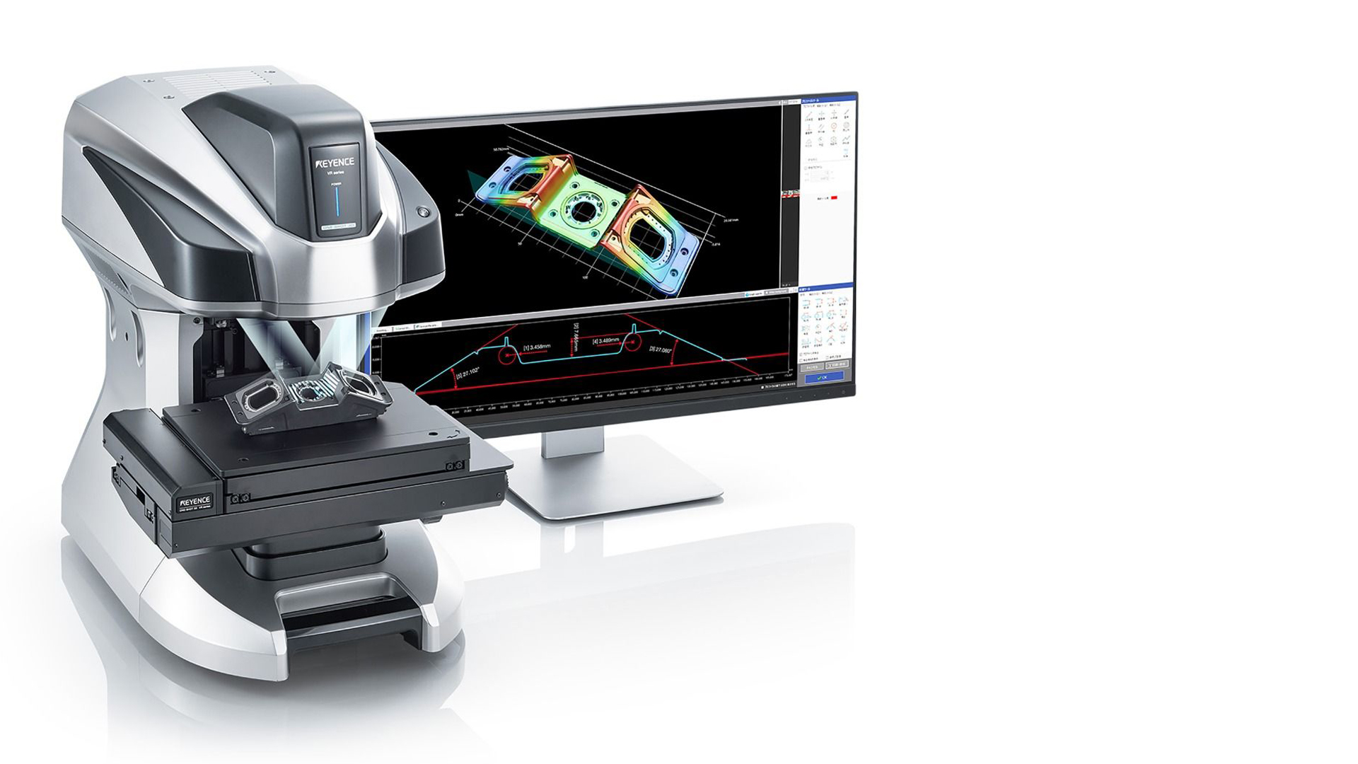 Keyence shape and contour measurement machine with screen on white background