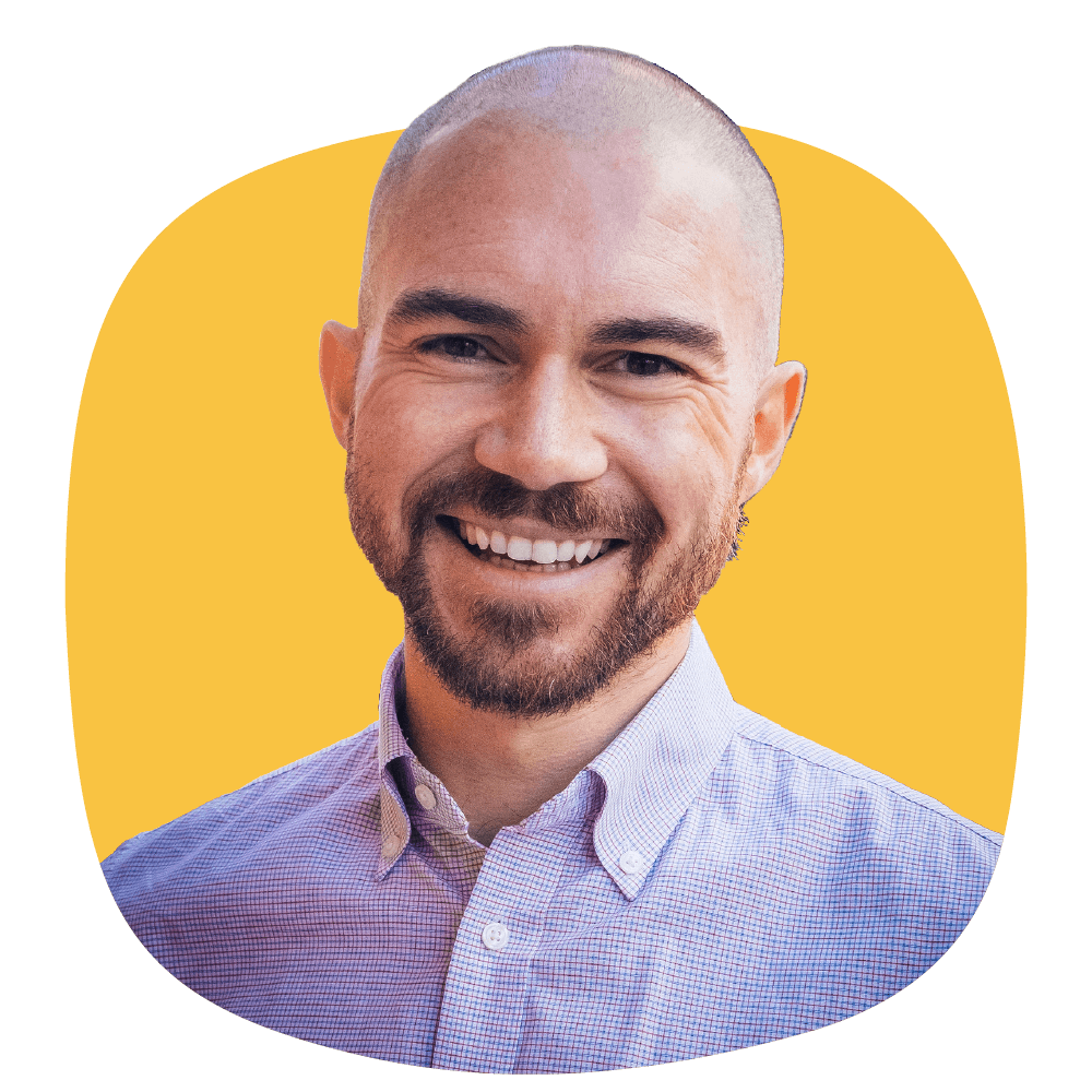 Jason Rahlan headshot on yellow shape
