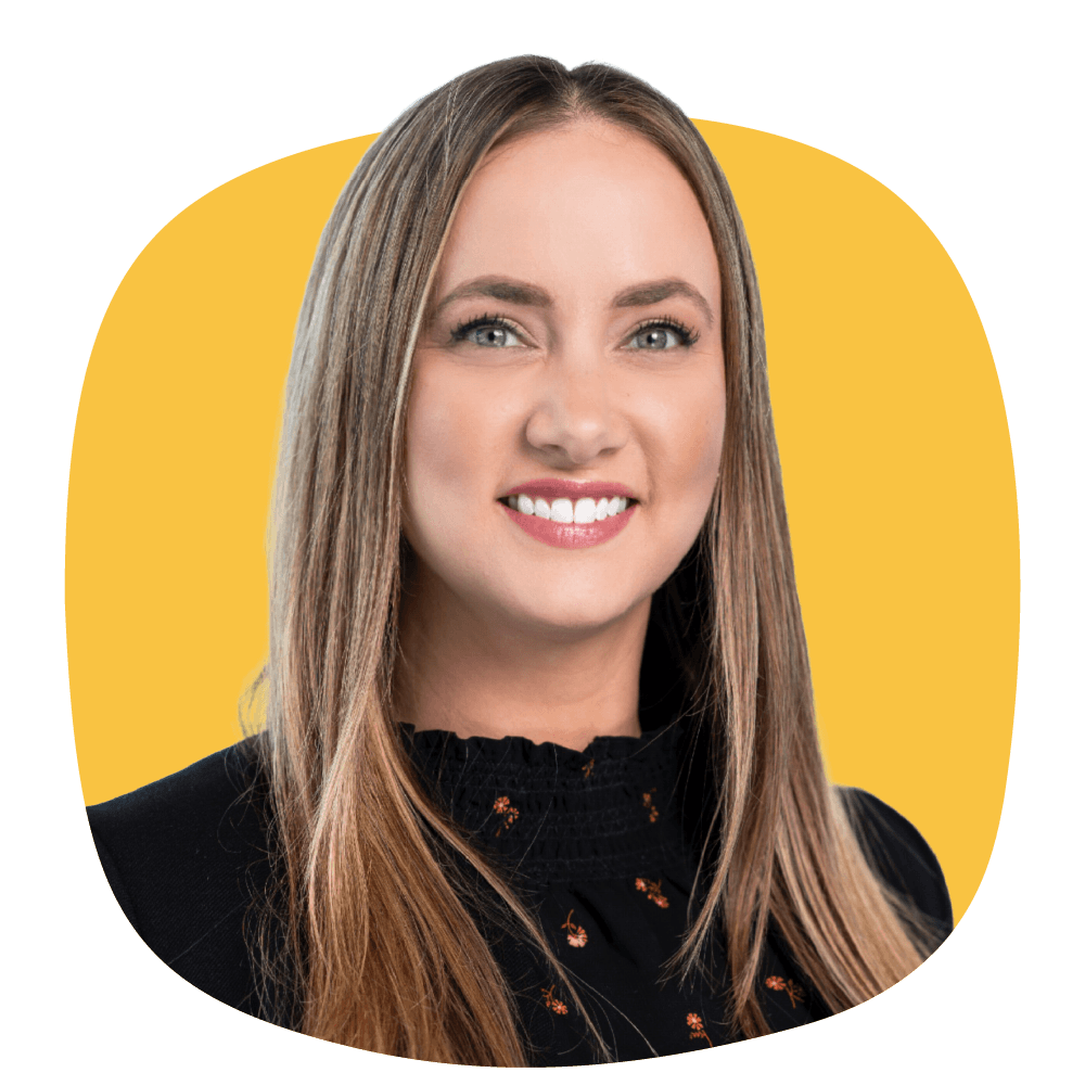 Megan Parker headshot on yellow shape