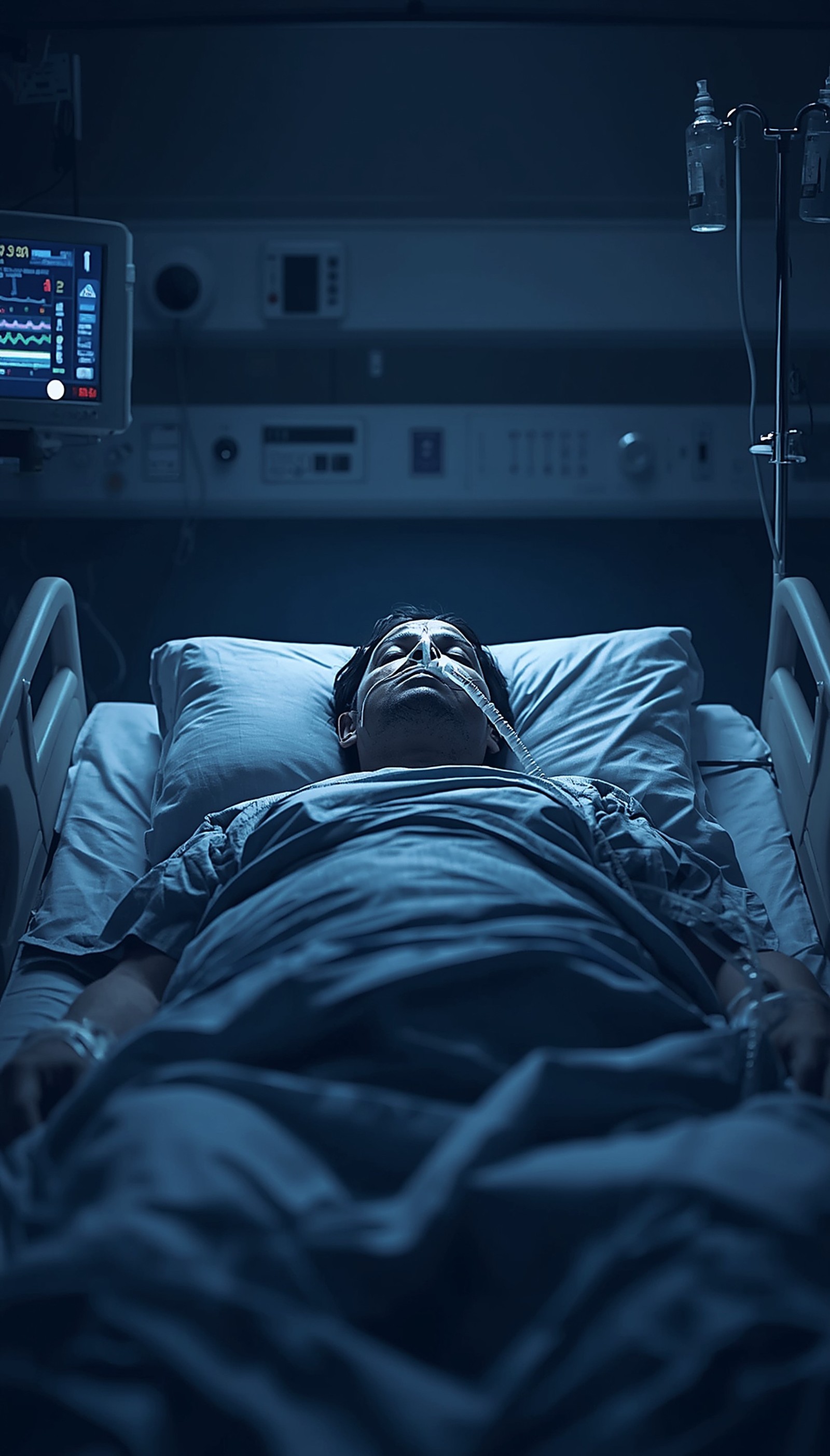 A sedated, mechanically ventilated patient in an ICU bed