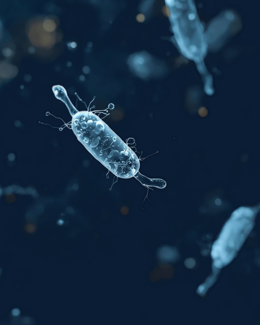 Conceptual macro of a translucent bacterial cell in deep navy shadow