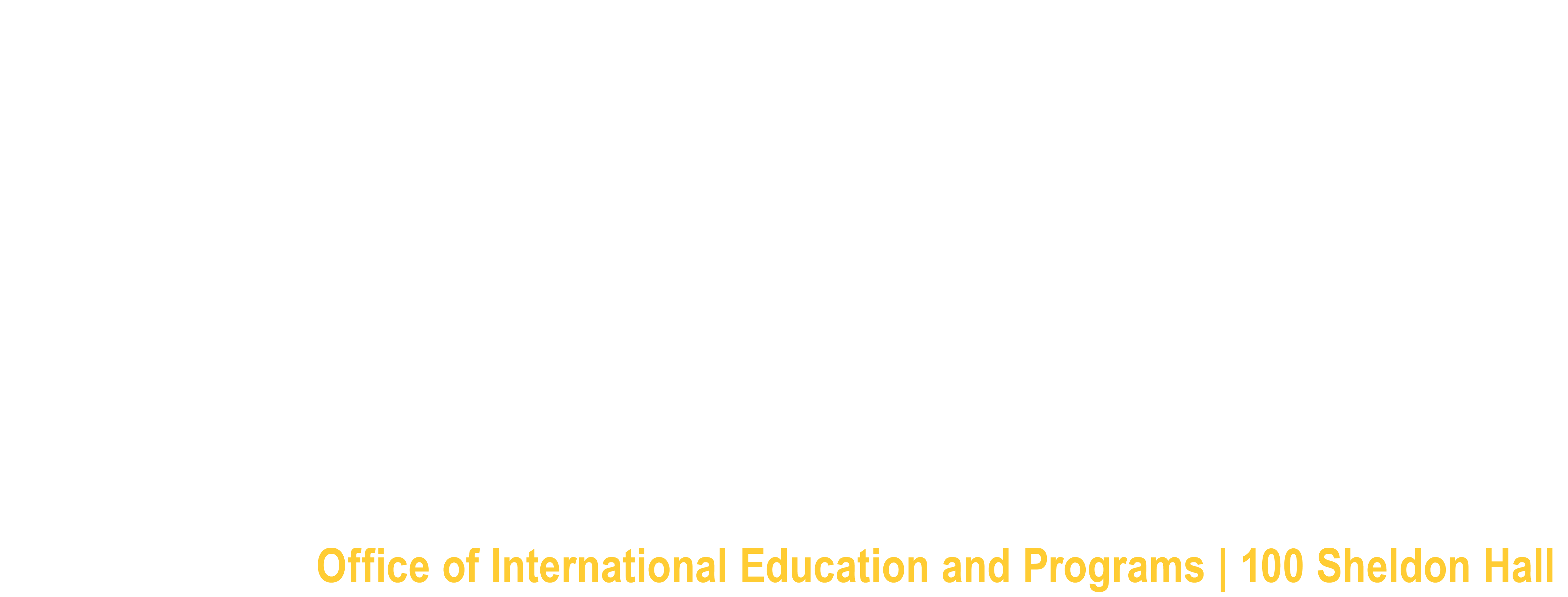 SUNY Oswego logo in white, with Campus Address Office of International Education and Programs | 100 Sheldon Hall in yellow