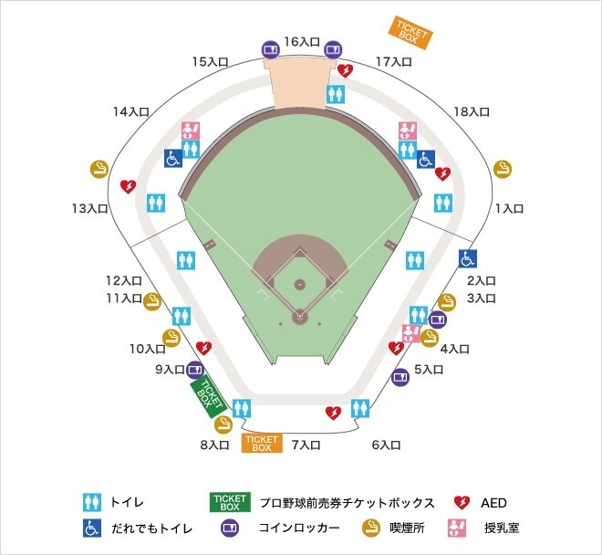 明治神宮球場の入口とチケットボックスの案内マップ