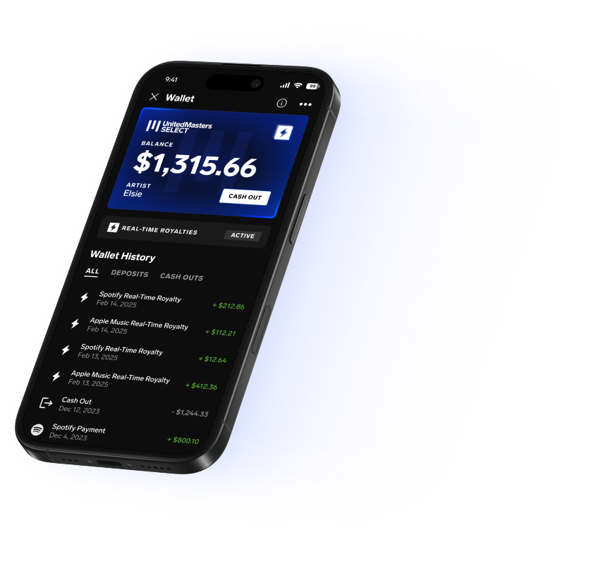 UnitedMasters Real-Time Royalties wallet on a mobile device