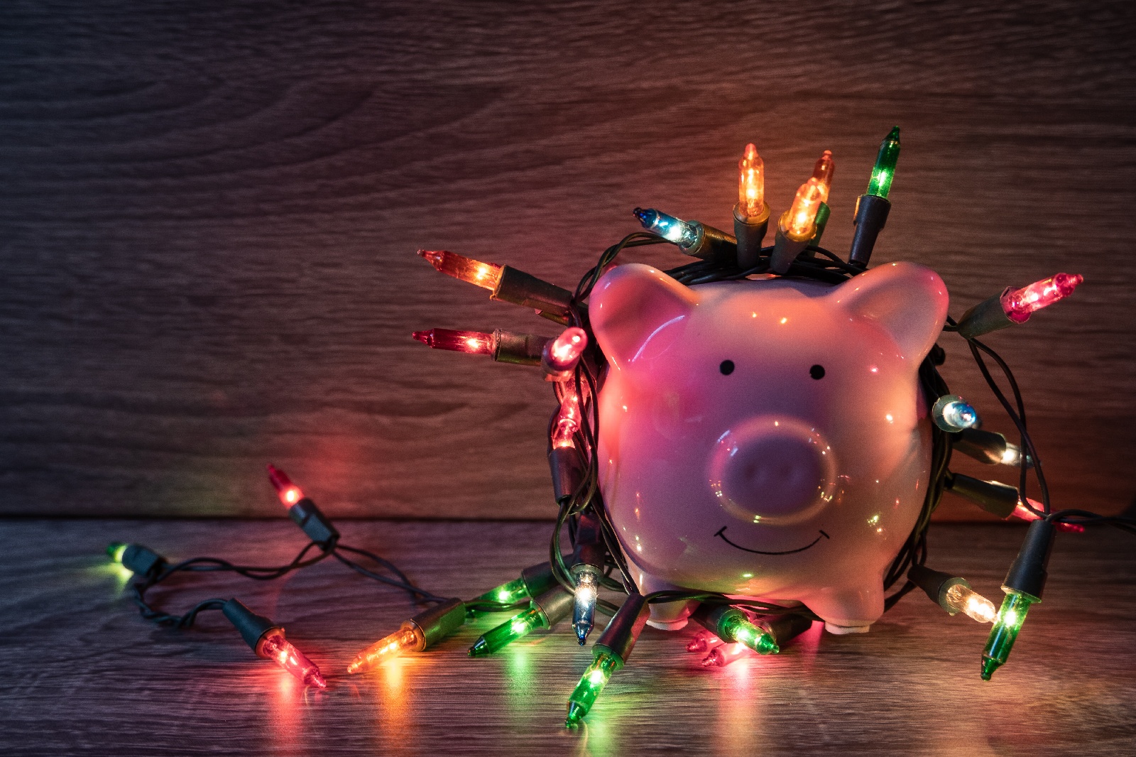 piggy bank with Christmas lights