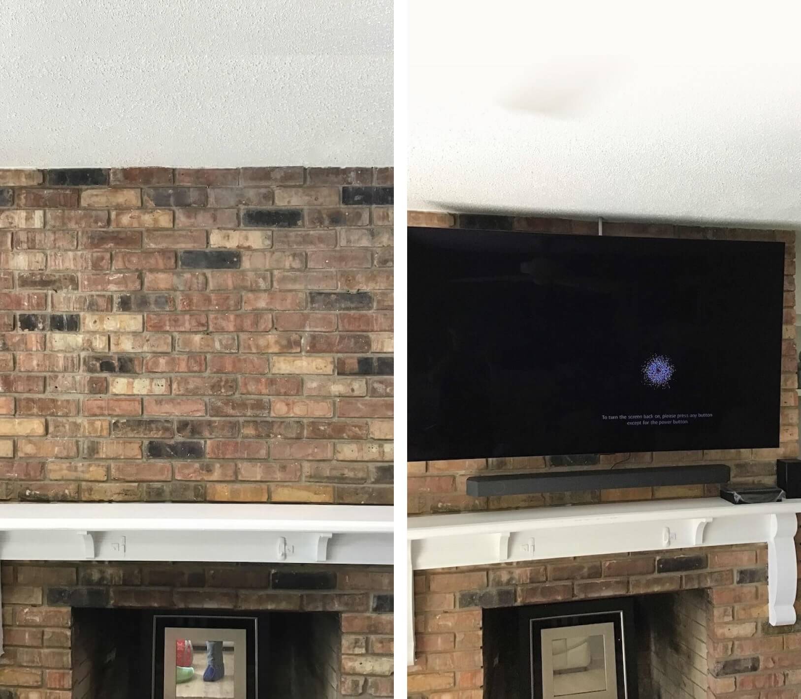 before and after photo of tv mounted on wall above fire place