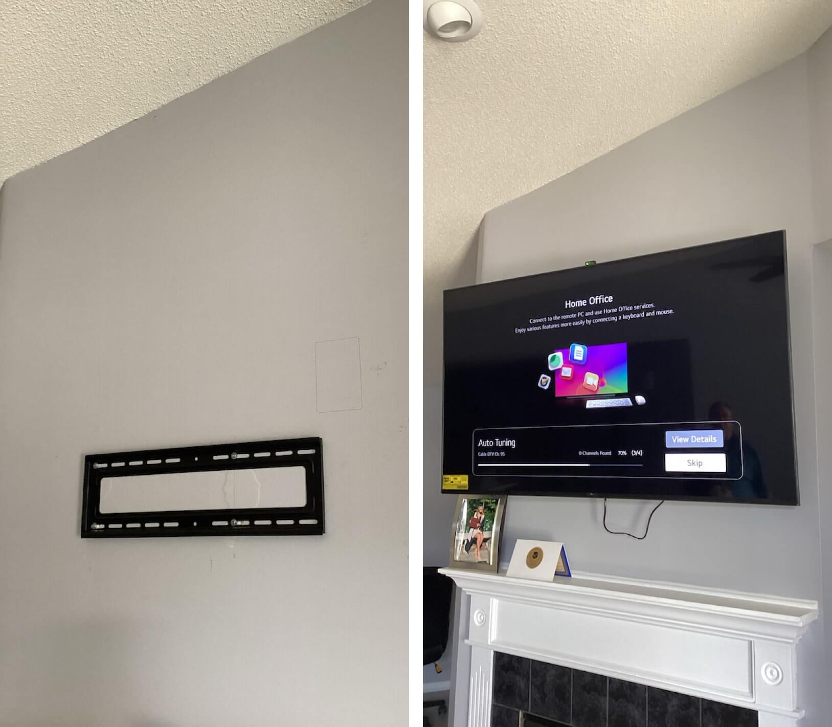 before and after photo of tv mounted on wall above fire place