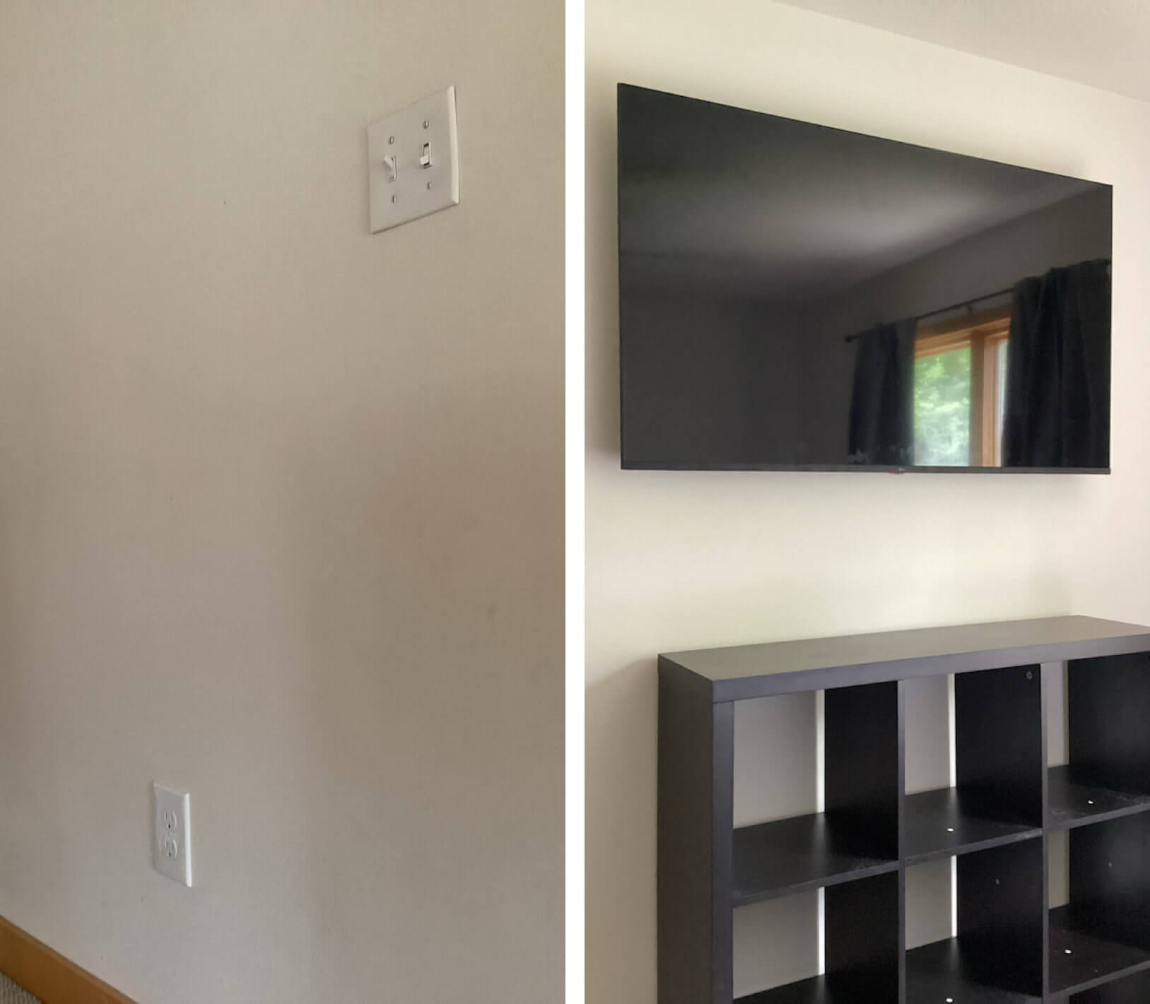 before and after photo of tv mounted on wall in living room
