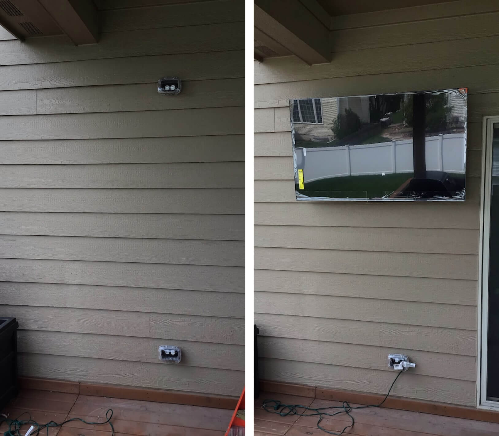 before and after photo of tv mounted on wall outdoors