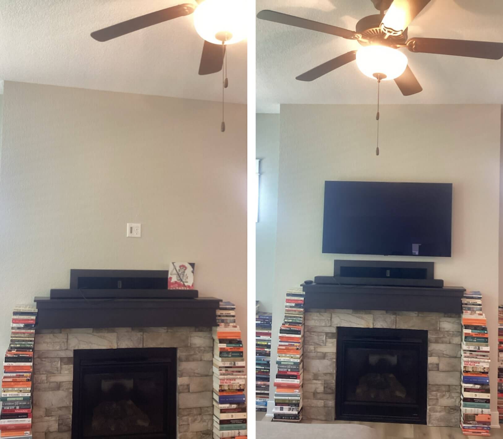 before and after photo of tv mounted on wall above fire place