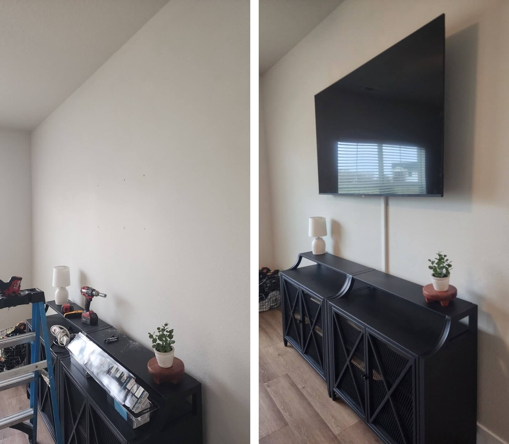 before and after photo of tv mounted on wall