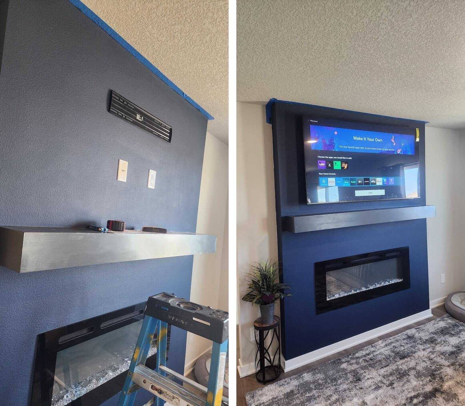 before and after photo of tv mounted on wall above fire place