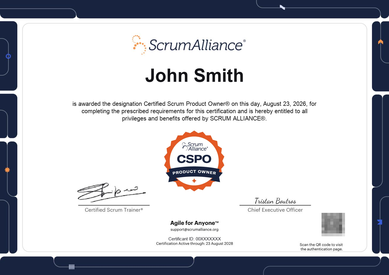 Sample Certified Scrum Product Owner certificate issued by Scrum Alliance