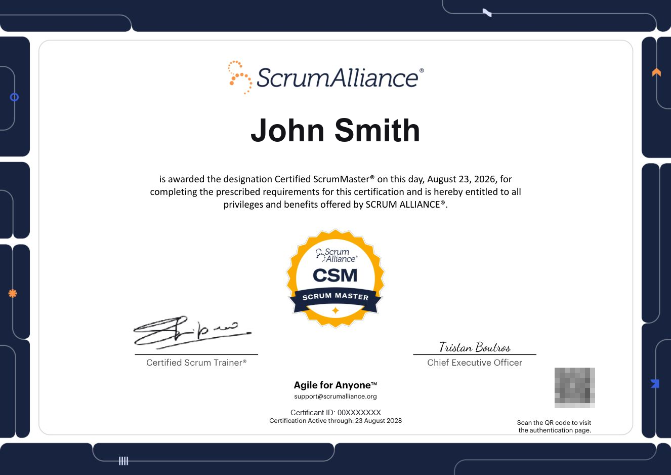 Sample Certified ScrumMaster certificate issued by Scrum Alliance