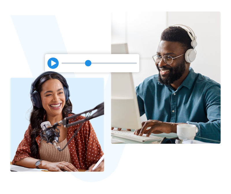 Smiling woman, voice over with headphones and microphone