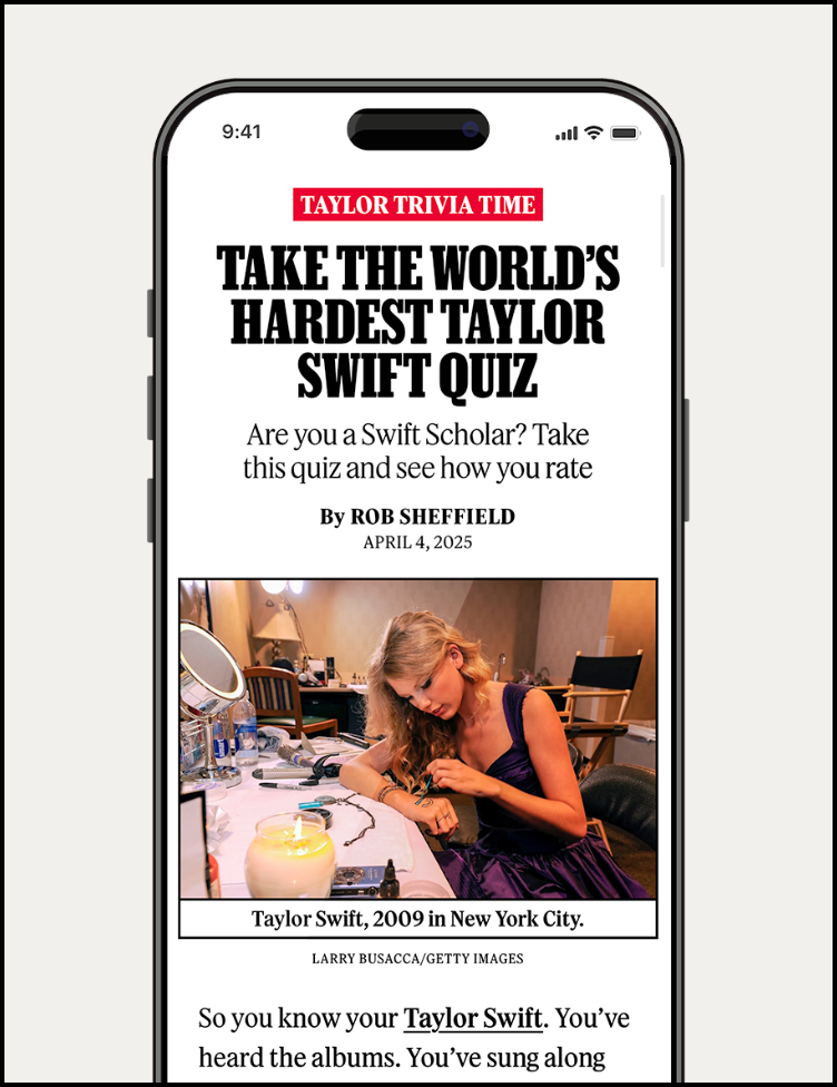 Taylor Swift 2009 photo displayed in Rolling Stone’s Taylor trivia quiz on mobile.