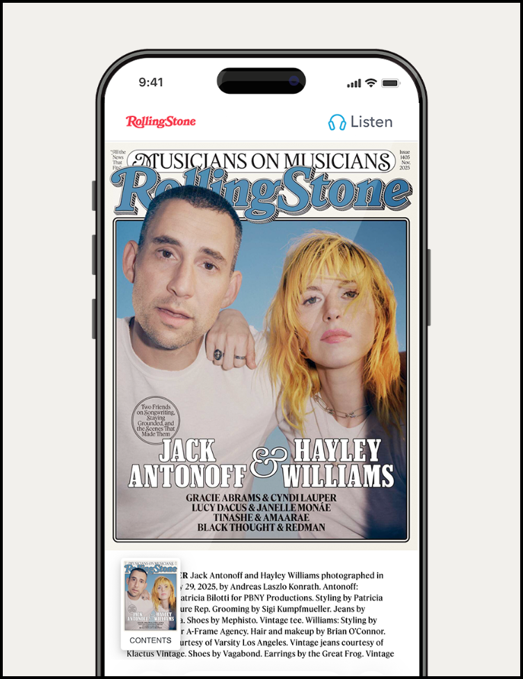 Rolling Stone cover with Jack Antonoff and Hayley Williams on mobile view.
