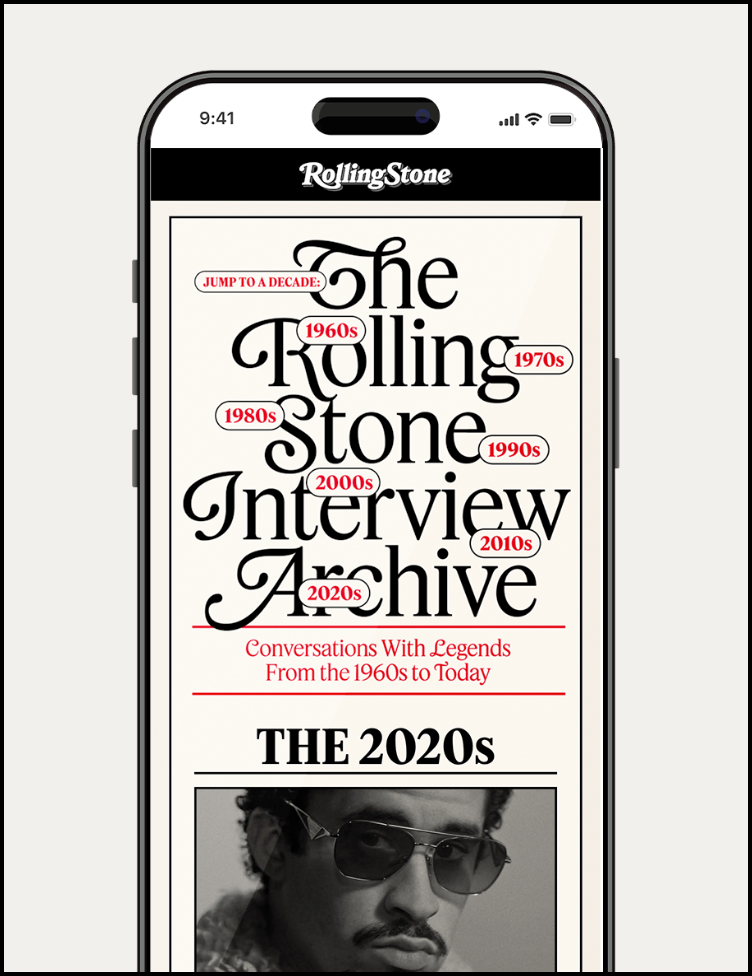 Rolling Stone Interview Archive mobile screen featuring decade navigation.
