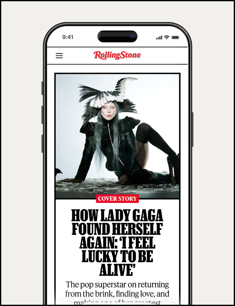 Lady Gaga featured in a dramatic fashion portrait on Rolling Stone mobile cover.