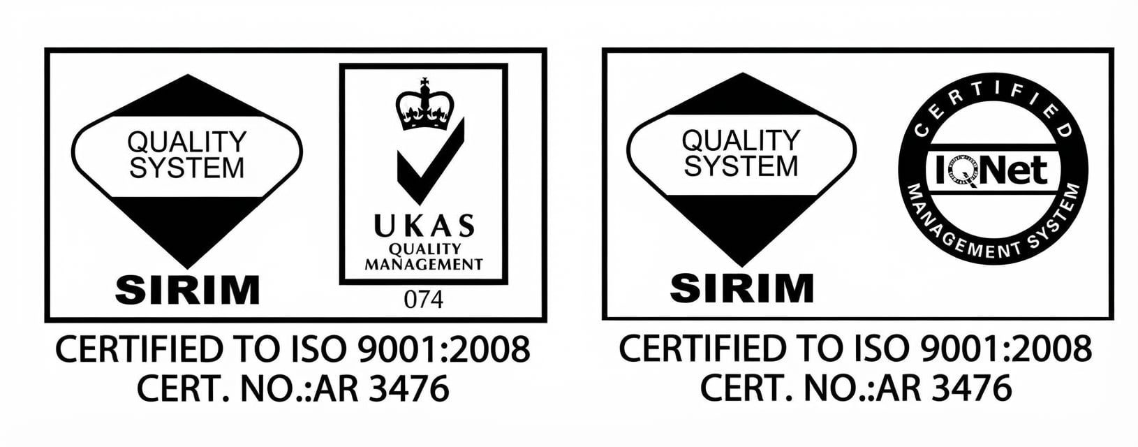 SIRIM, UKAS and IQNet ISO 9001:2008 certificates