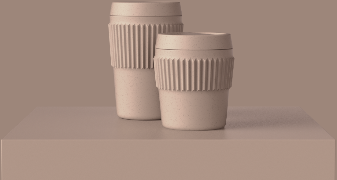Yuzu cups in Clay color sitting on a plinth