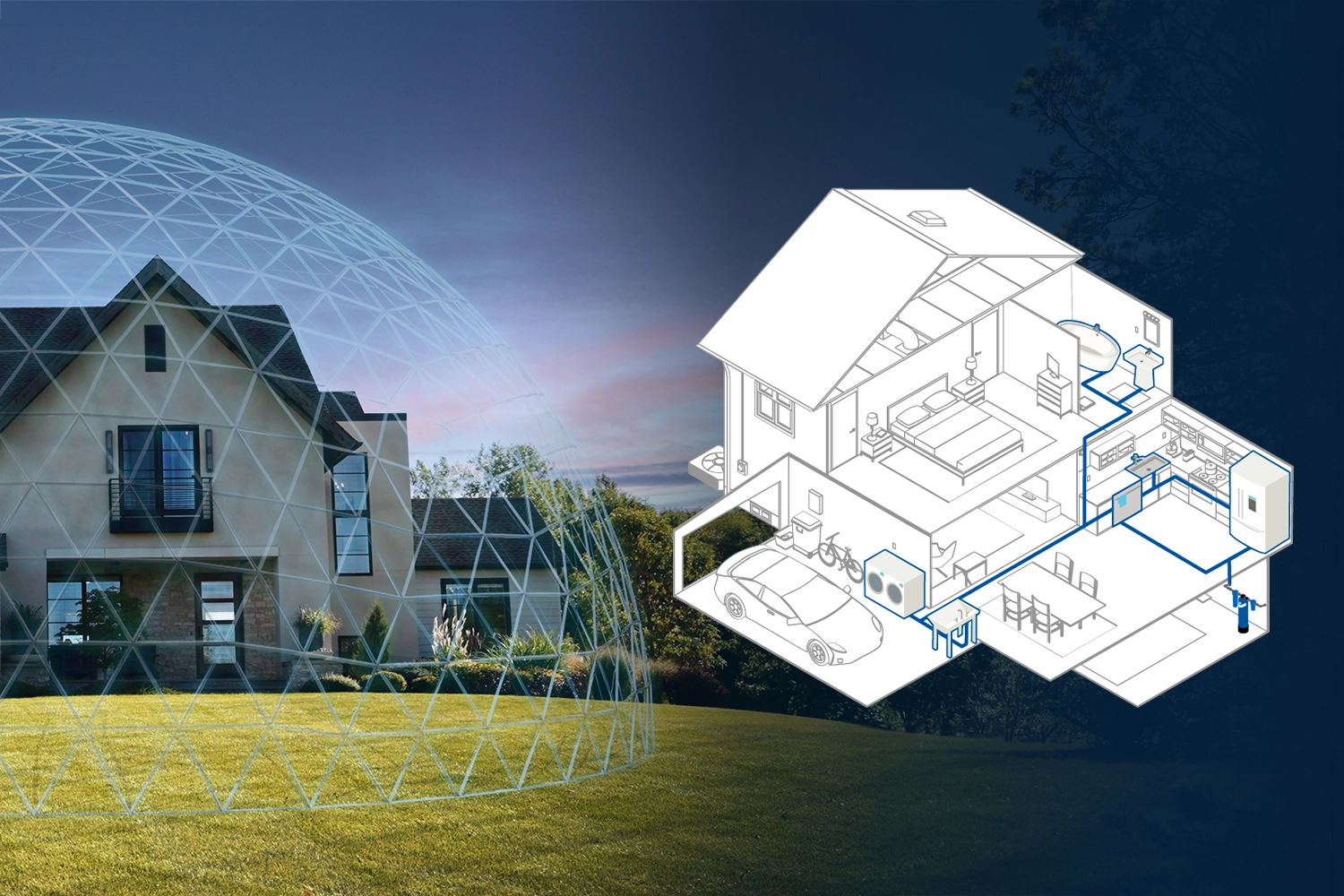 Diagram showing the Healthshield system connected to water lines throughout a home over an image of a house with a forcefield protecting it.
