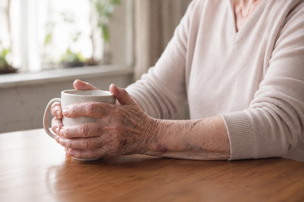 Older woman's hands cradling a coffee mug, showing thin, aging skin