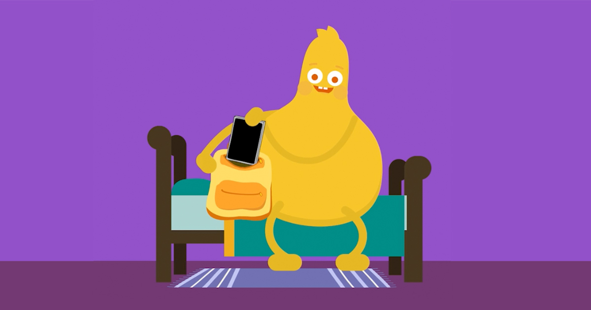 "Guts" cartoon character putting a device into his backpack