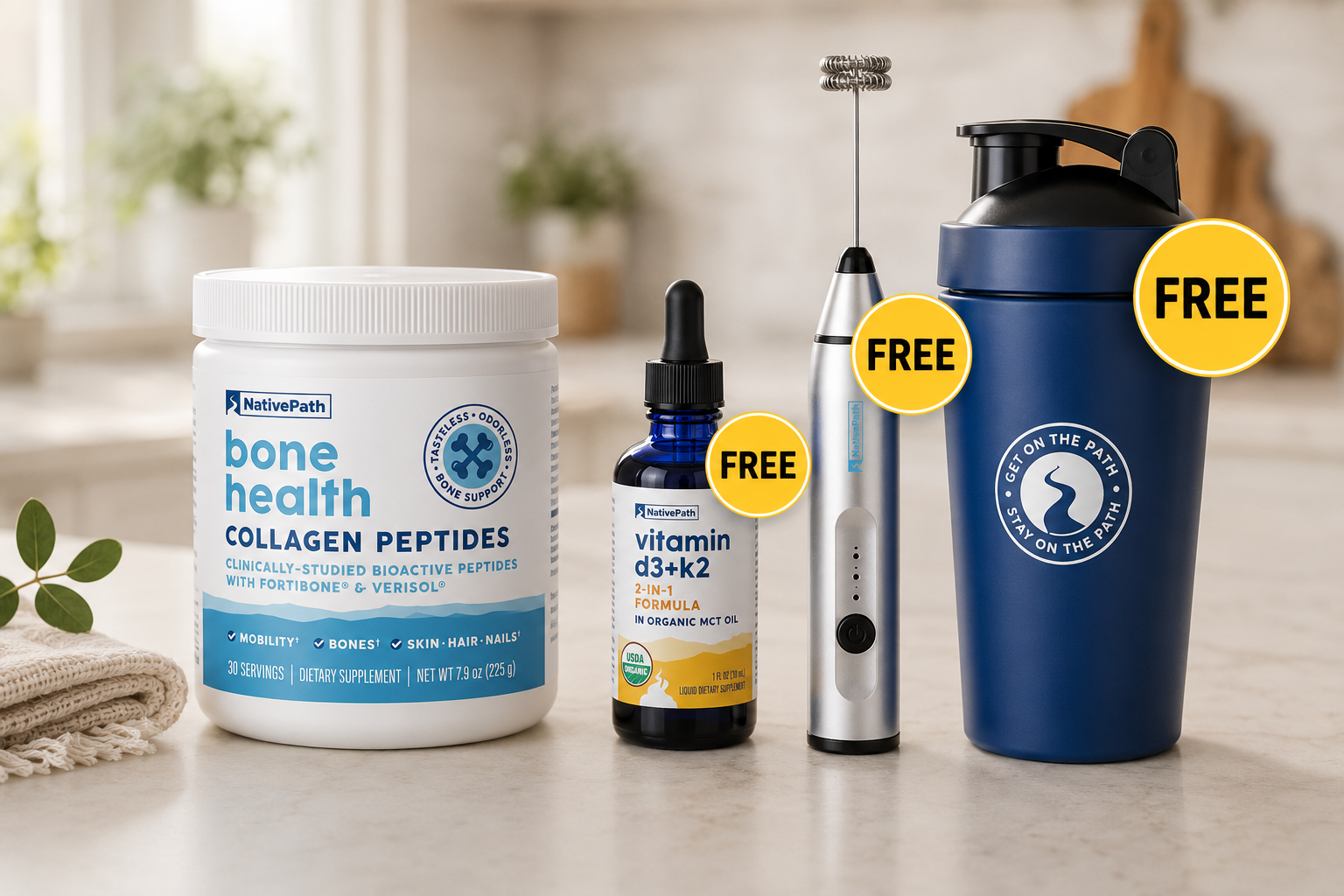 NativePath Bone Health Collagen Peptides — 30-serving jar with FORTIBONE and VERISOL