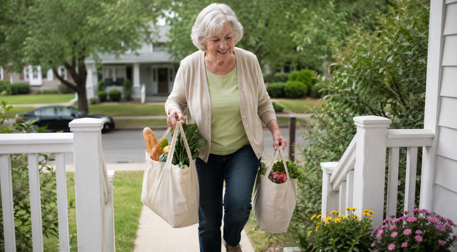 A woman in her seventies carrying grocery bags up her own porch steps