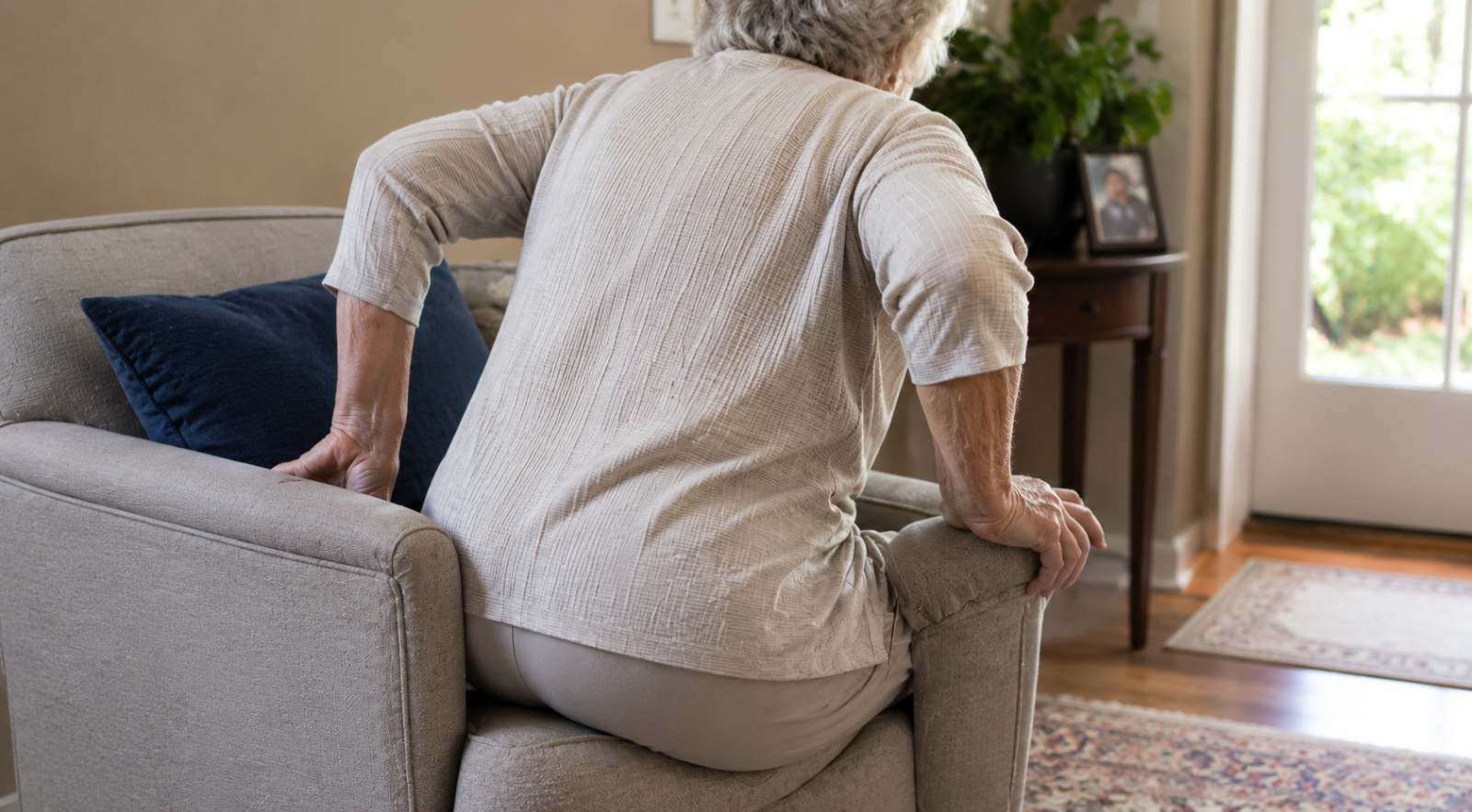 Hands pushing off the armrests of a low chair to stand up