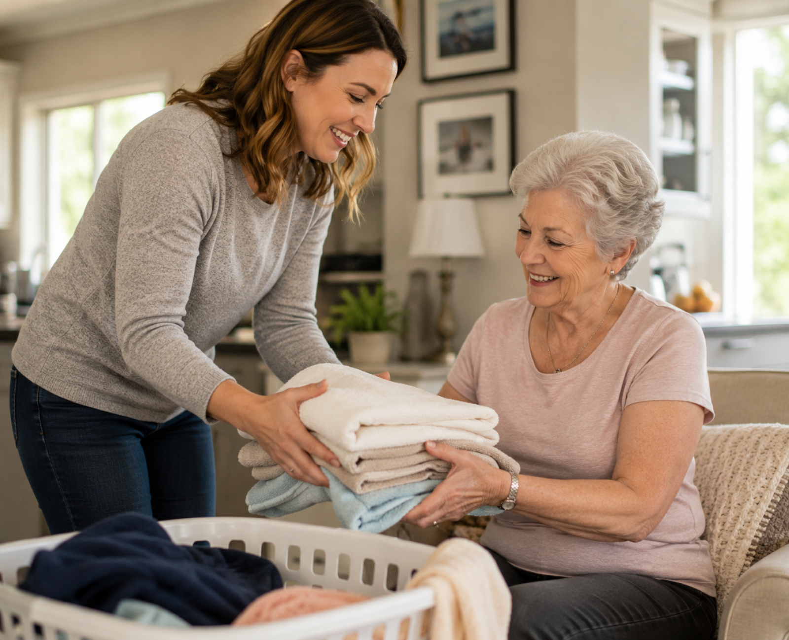 An adult child helping their older parent with a household task