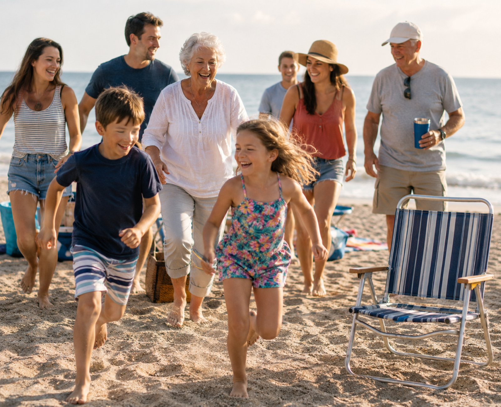 A family beach reunion in motion with an empty folding chair off to the side