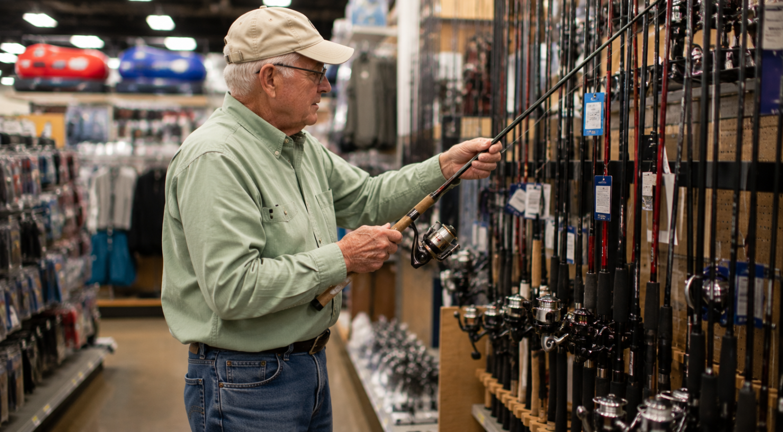 A man in his eighties handling a fishing rod in a sporting goods aisle