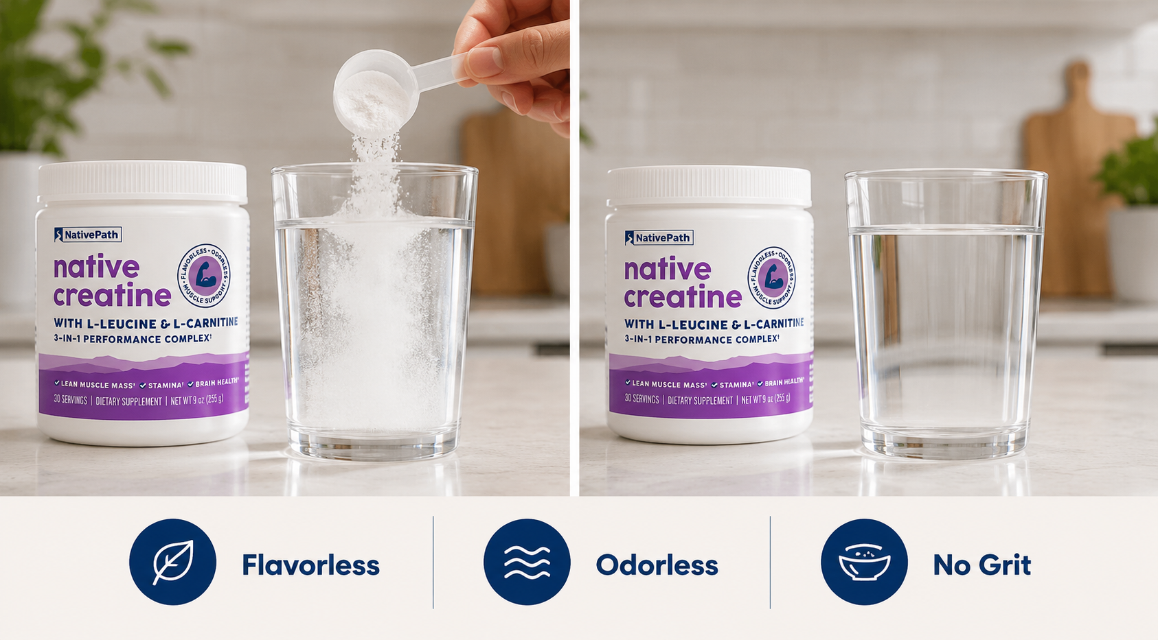A scoop of creatine powder dissolving clear in a glass of water
