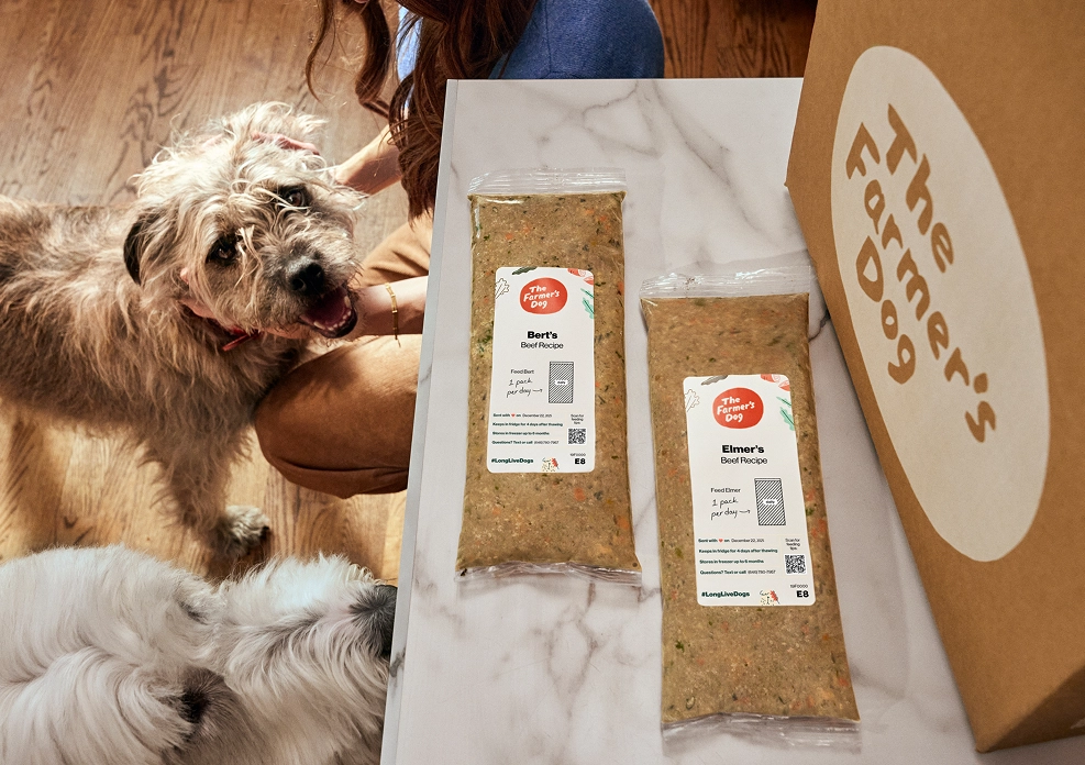 Woman with long brown hair in blue shirt kneeling in modern kitchen, petting excited fluffy white Bert dog beside Farmer&amp;#39;s Dog Beef recipe fresh food pouch and open shipping box on marble counter.