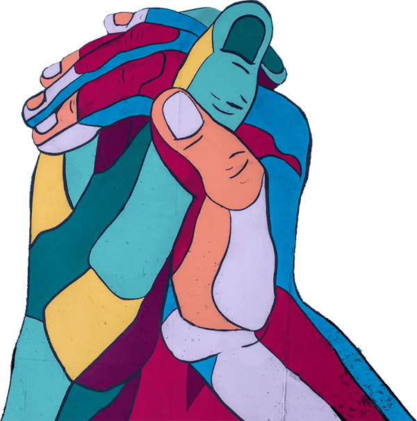 Illustration of vibrant, multi-colored hands clasping together in unity.