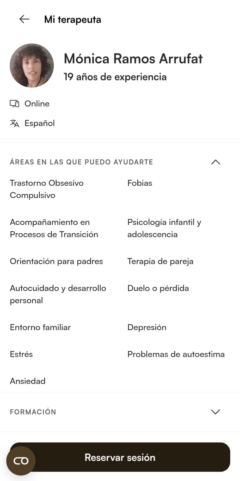 Pantalla de información de terapeuta en la app Aurela