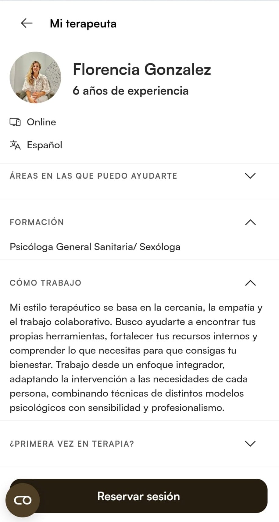 Pantalla de terapeuta en la app Aurela