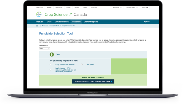 A tablet sitting horizontally showing an article on the Bayer website called ‘Disease Management with Foliar Fungicides’. 