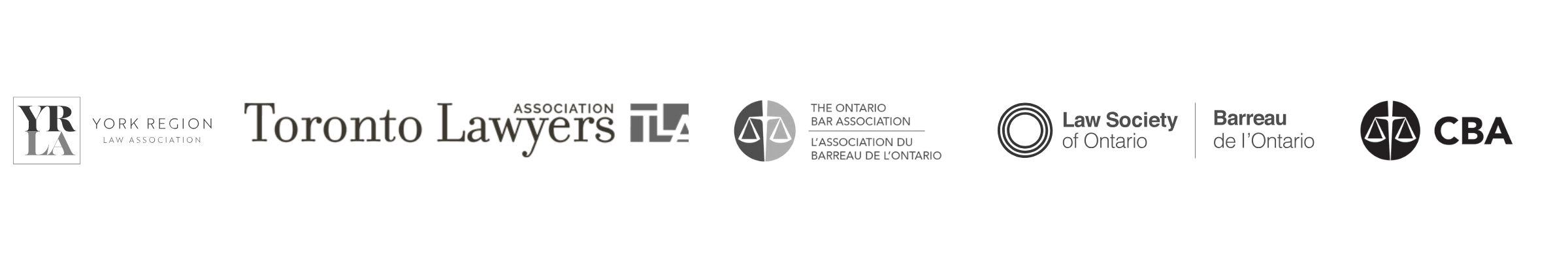 Logos for following associations: Toronto Lawyers Association, York region Law Associate, The Ontario Bar Association, Law Society of Ontario, and The Canadian Bar Association