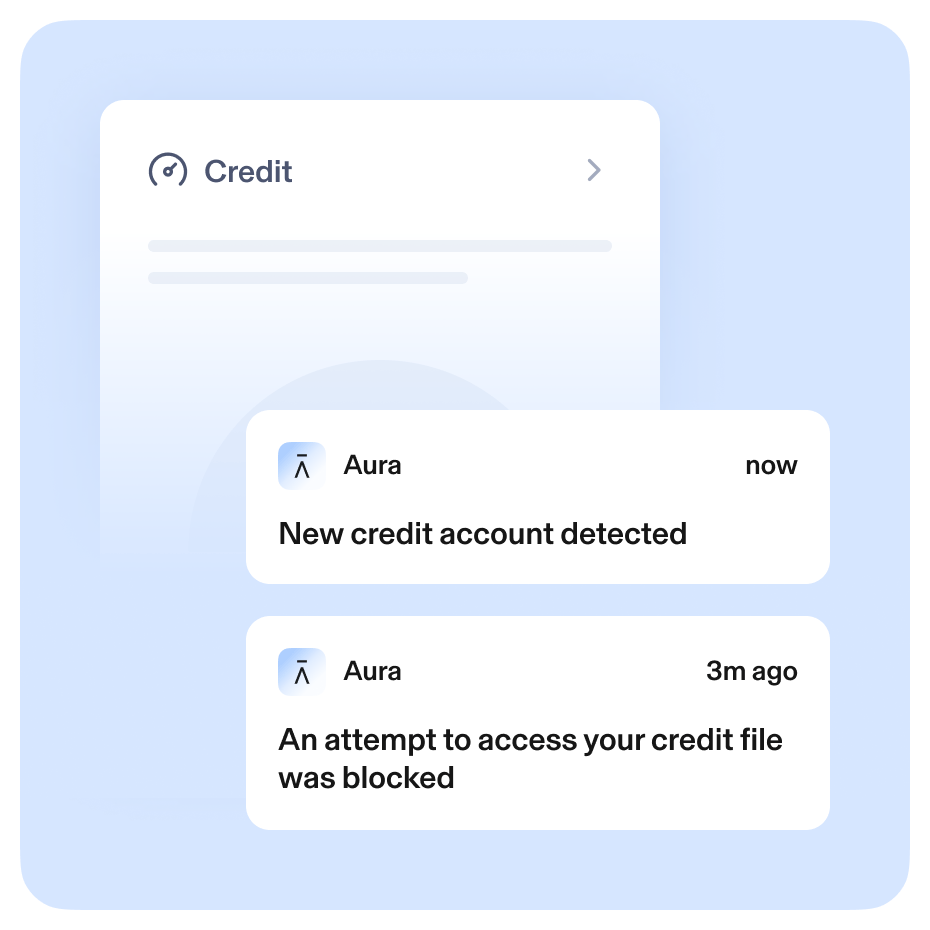 Credit alerts from Aura: New credit account detected and An attempt to access your credit file was blocked.